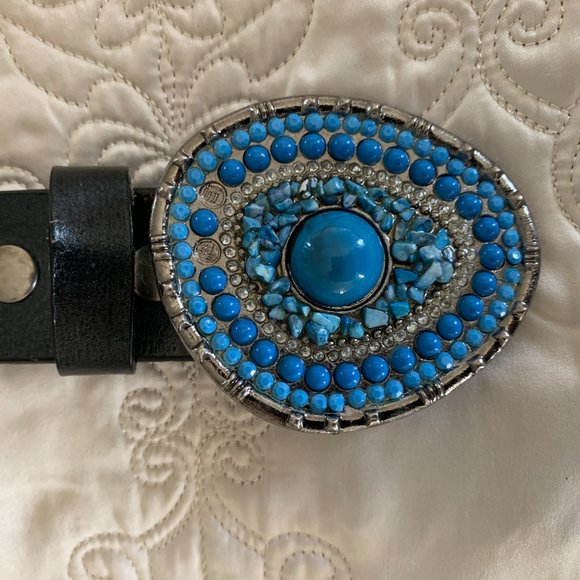 Accessories - Blue Stone Buckle Black Leather Belt